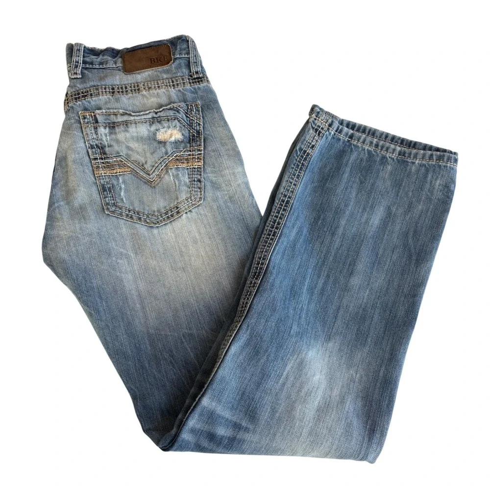 BKE Carter Straight Leg Jeans‎ Mens 32x33 Light Wash Distressed Blue Denim